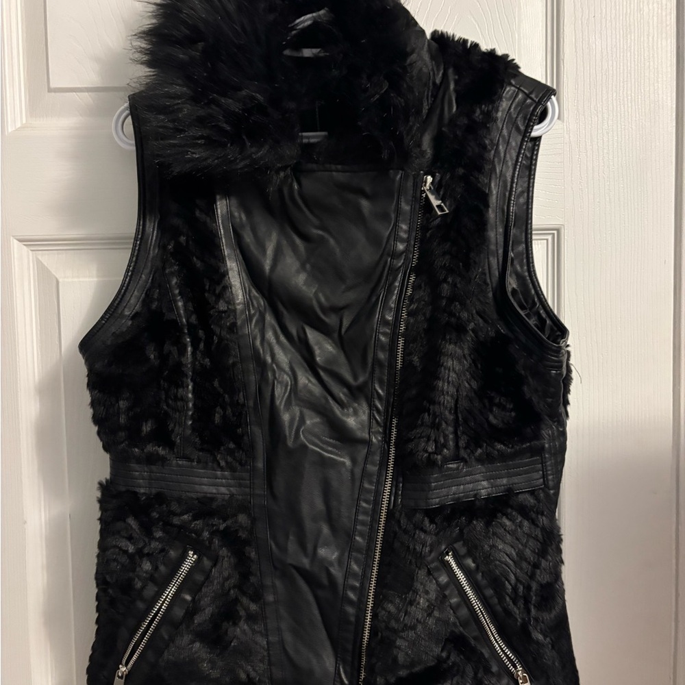 Guess Black Faux Fur and Leather Vest